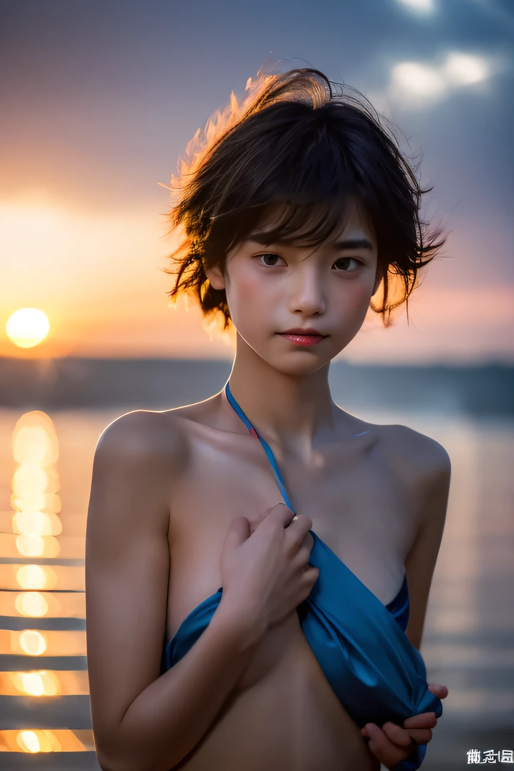 (Hyper Reality: 1.35), (Realistic: 1.4), A beautiful Japanese woman, smile, (((No makeup))), masterpiece, high quality, Very good, rty, Well-trained slim body, muscular, slim body, breart, large breasts, ((licate and beautiful)), Familiar, (((Very shallow depth of field))), (((Unbelievably absurd))), dark brown short hair, blowing boyish short bob hair, shag messy hair, wolf cut, big hair, Windで揺れる髪, Slim body type, (((small ))), Looks like a salon model, Cool face, Neutral facial features,(e:1.3) ,(slut:1.2)rity:1.3),(fuckilly:1.1),(steam:1.1),(Wet:trembling:0.8),(tears:0.7) ,(drooling:0.6),(sweat:0.8),open mouth, {Particles of light}, Detailed Background, Soft lighting, (dramatic), sunset, very beautiful sunset, Realistic, (((11 years old))), (((Wind))), ((Movement))), ((colorful)), ((Baby Face:1.2)), sea background, (((Cowboy Shot:1.2))),(((nsfw:1.2))), Half cup strapless bikini