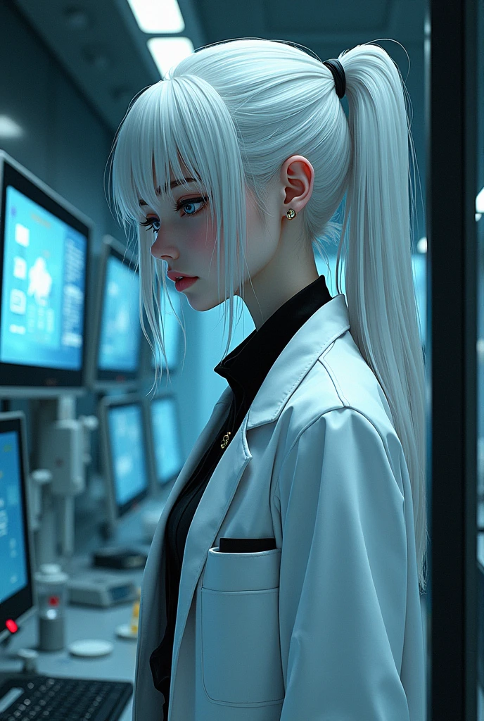 Futuristic artwork。Manga style,Gothic gloomy,Fantasy illustration by Atey Ghailan,A young twenty-year-old female,She has white hair tied in a high ponytail,A mysterious and unique feeling。She was wearing a white lab coat.,Surrounded by advanced biological laboratory equipment and instruments,The lens looks down,Cinematic light,Slight backlight。8k ultra high definition,webp 3:4