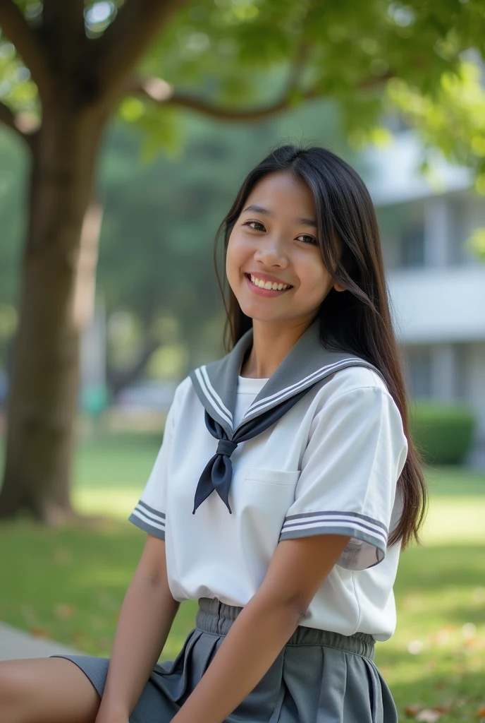 image of an Indonesian female high school student, 8k very detailed full body, sweet smile, wearing a high school uniform, white and gray, sitting under a banyan tree in the school yard