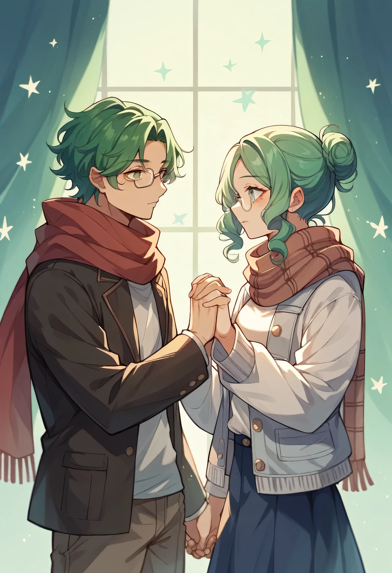 No building、winter、On ice、night、star、Two people holding hands、Green Hair、Center-parted bangs、Curly hair、Woman with one bun hairstyle、Man with glasses、Scarf、Fantasy、