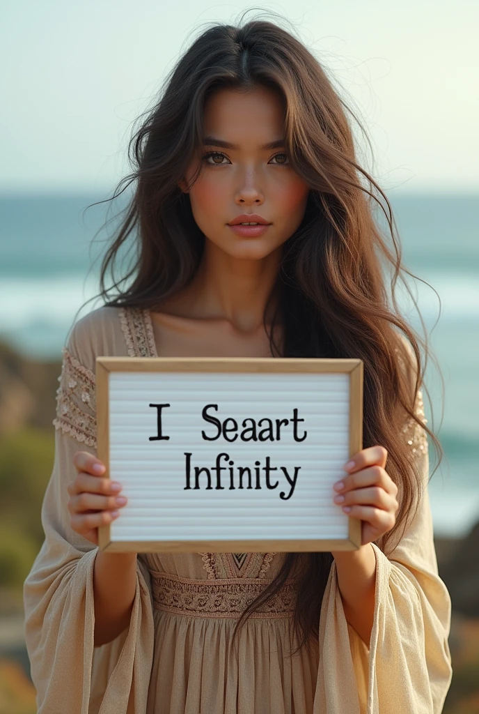 Beautiful girl with wavy long hair, bohemian dress, holding a white board with text "I Love Seaart Infinity" and showing it to the viewer