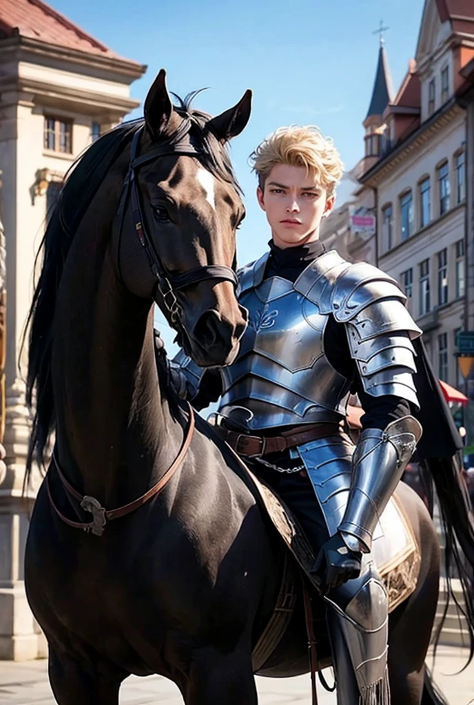 Handsome guy, in armor, Blonde curly , short hair, blue eyes, serious, sits on horseback, black horse, Background: market square.
