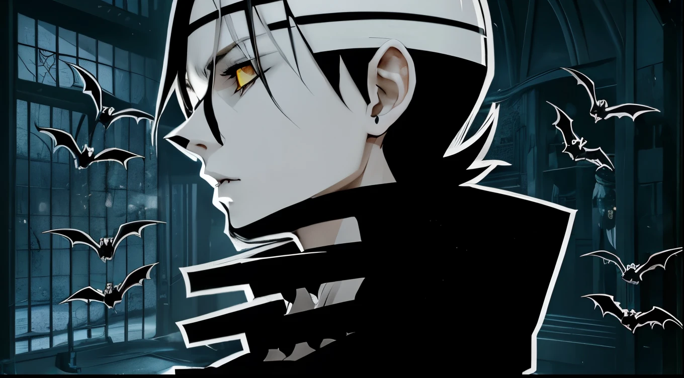 Black coat, boy, bats flying, yellow eyes, emo hair, emo style, gothic anime, gothic style