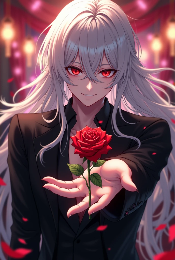A man with long, white hair. Red eyes, pale skin and black elegant clothes. Giving you a red rose, and smiling at you with a party background. Anime style