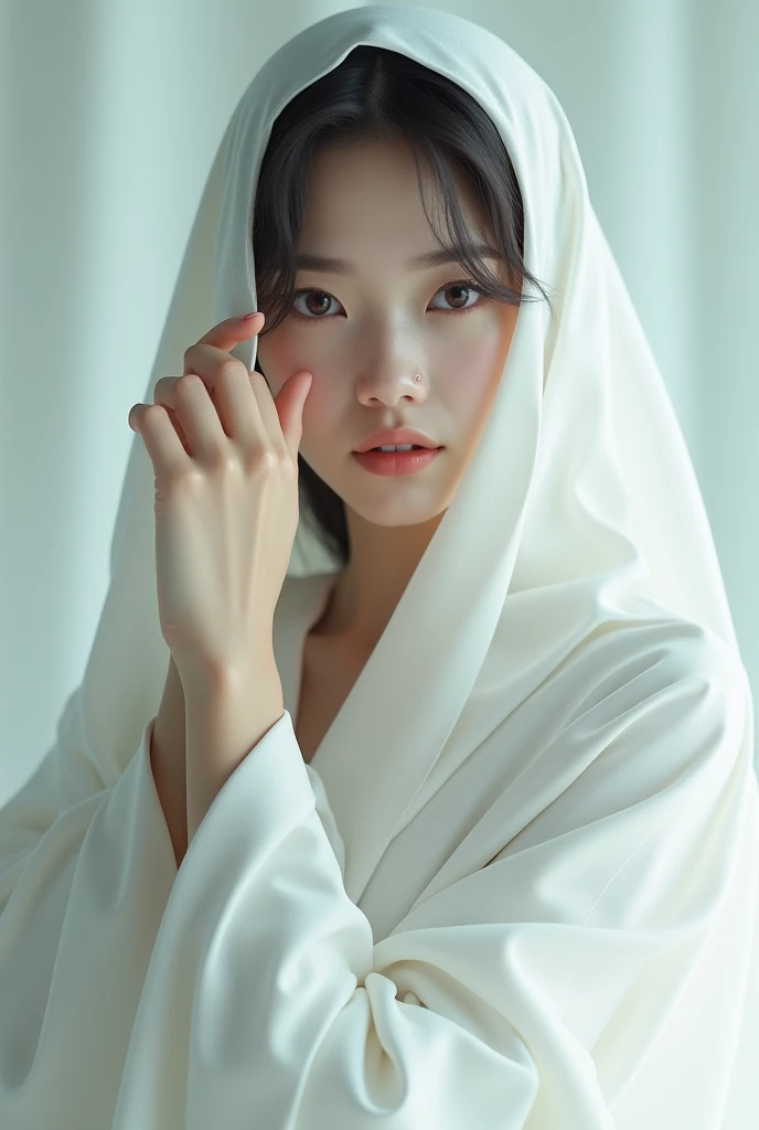 a cute Woman wearing a White cape, dramatically covering her eYes with one hand