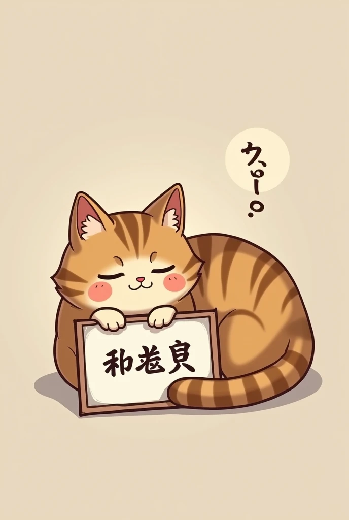 A cat is holding a sign that says "Sleepy" in Japanese.