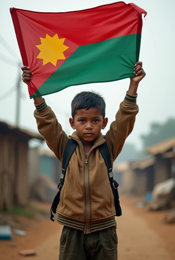 A boy standing with rohingya flag 