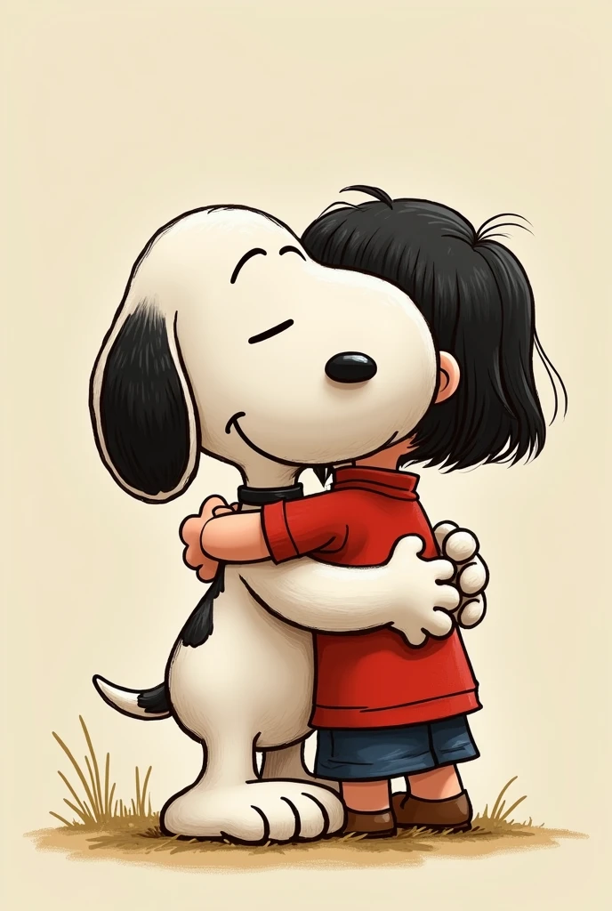 Snoopy hugging a with very short dark hair ,