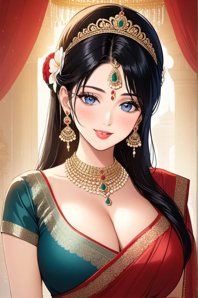 Hot sexy beautiful princess,   long sparkling heavy diva jhumka earrings,big breasts, ,black hair ,blush,blue eyes, smiling,red lipstick, chandelier jewelry,makeup, ornament, chandelier necklace,waist chain, rings,bangles,hair flower brochure,hair pins,hair chain, royal palaces and grand architecture, Traditional Indian wedding sari, elegant draping style, intricate floral motifs, handwoven silk material, embellished with sequins and beads, sparkling gemstones and gold accents, artistic rendering of Indian culture, traditional jewelry and accessories,  traditional wedding saree, princess crown , detailed nose, detailed face, detailed lips,anklet,waist chain,mangal sutra