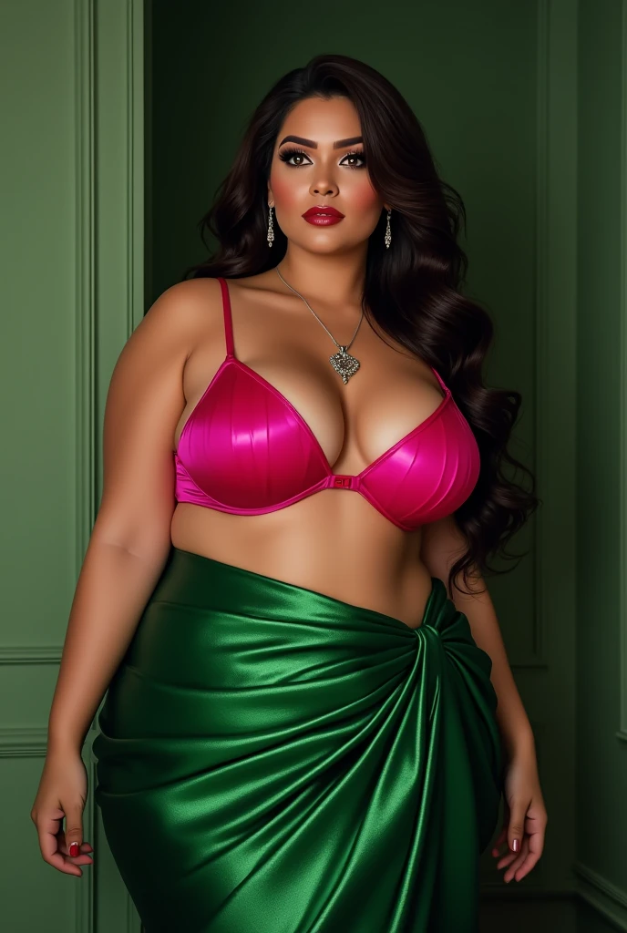 A sexy thick  British lady with a very huge round shining boobs hanging and long cleavage line visible in a sexy folded green saree & pink single tripe bra. Also revealing her underarms and Navel. 