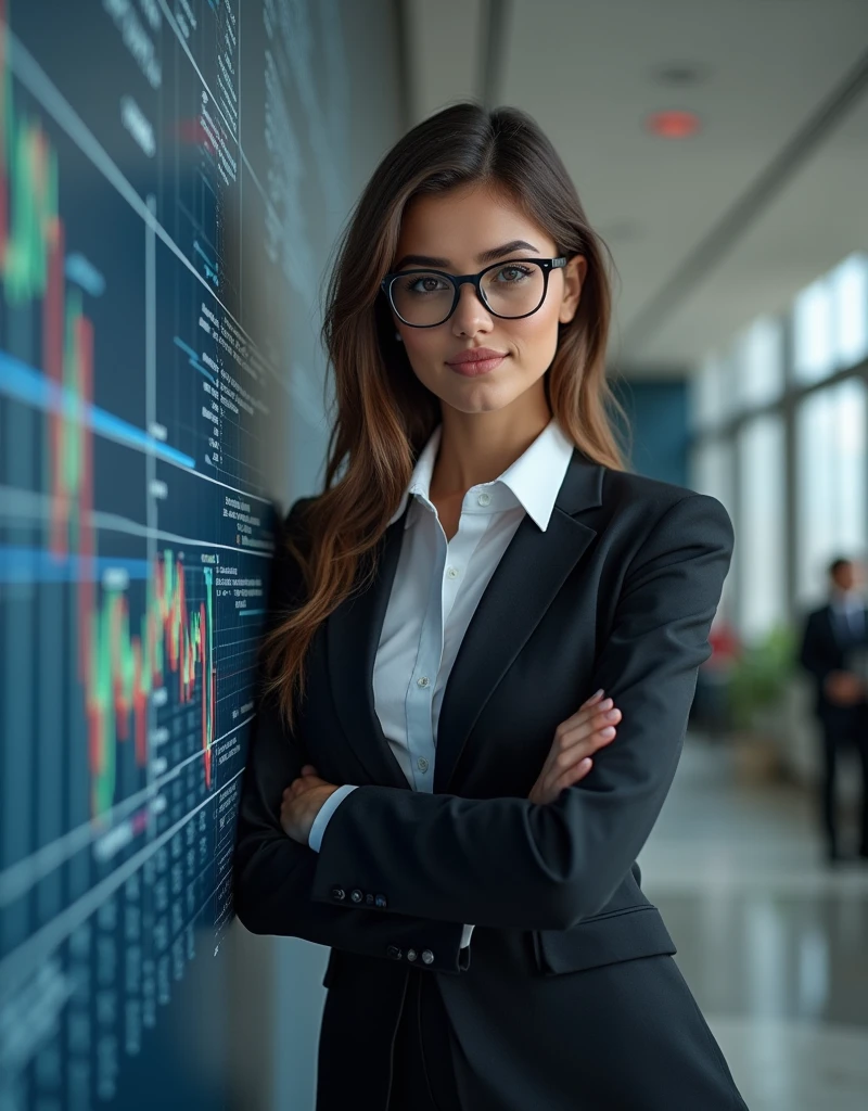a beautiful young woman [Gal Gadot:Maude Adams:0.23] exuding an air of confidence and intellect in a sleek modern office space beside a complex financial chart on the wall, you can feelher analytical mind at work, straight in the camera gaze, slightly smiling, full body, top model measurements, modest office dresscode, wearing glasses, cute face, still very professional, by Alejandro Burdisio