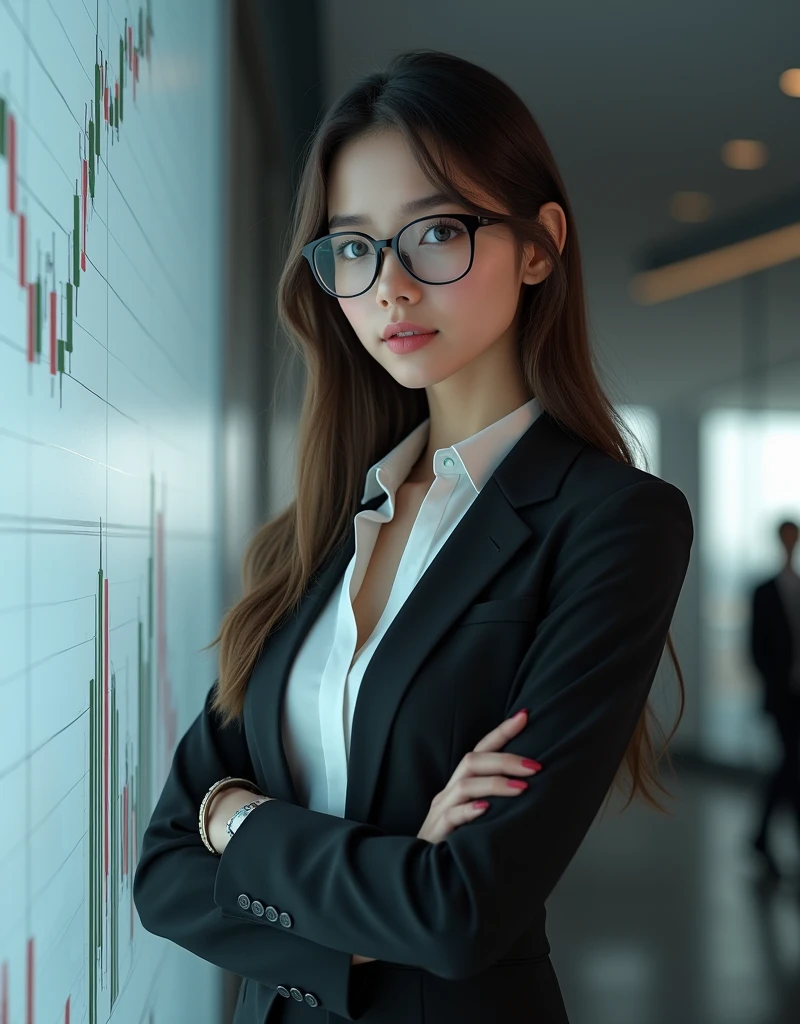 a beautiful young woman [Gal Gadot:Maude Adams:0.23] exuding an air of confidence and intellect in a sleek modern office space beside a complex financial chart on the wall, you can feelher analytical mind at work, straight in the camera gaze, slightly smiling, full body, top model measurements, modest office dresscode, wearing glasses, cute face, still very professional, by Alejandro Burdisio
