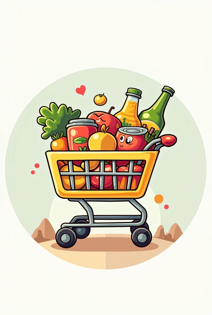 Round cartoon logo of a grocery store called mini super with a shopping cart full of basic basket products, attractive