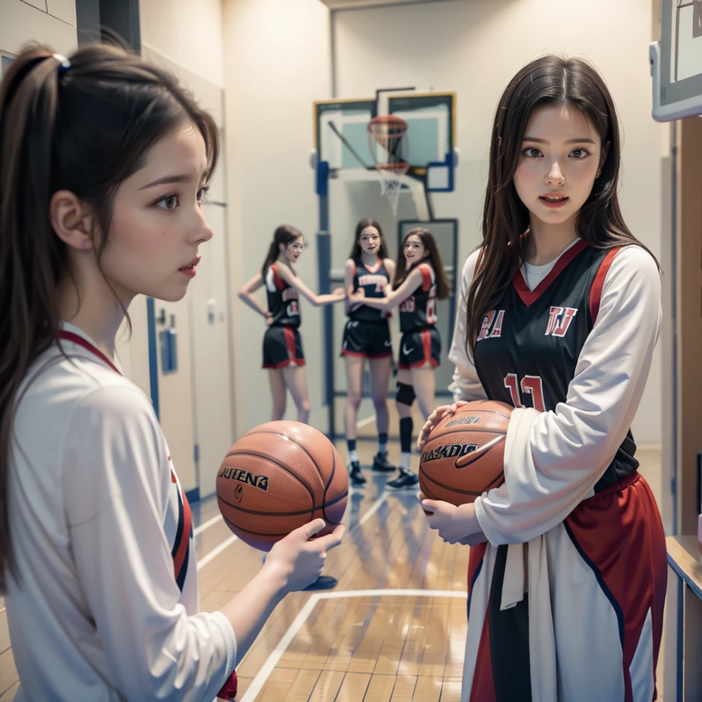 ExtremelyDetailed (((Basketball Team Girls in a row:1.4))), Childish perfect face, Reflective Eyes, Detailed(Delicate Clothing textures), Corrected Leg to Foot Line, Corrected Perfect Hand, Dynamic Joyful Expressions LifeLike Rendering, ((Specular Reflection:1.28)), TopQuality 8K Ultra-detailed masterpiece (ProfessionalPhoto:1.37)(Acutance:0.8),(Luminism:1.22), Locker room (Exposed) (Changing clothes)
