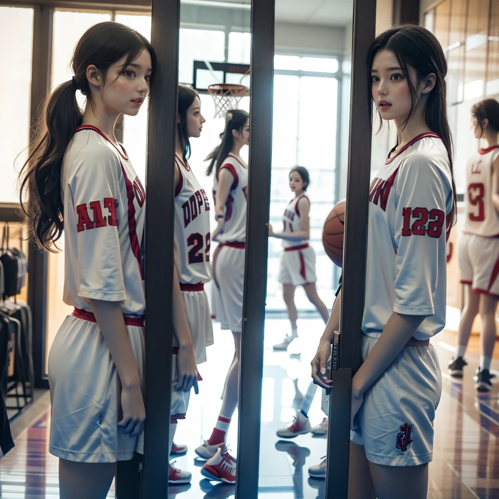 ExtremelyDetailed (((Basketball Team Girls in a row:1.4))), Childish perfect face, Reflective Eyes, Detailed(Delicate Clothing textures), Corrected Leg to Foot Line, Corrected Perfect Hand, Dynamic Joyful Expressions LifeLike Rendering, ((Specular Reflection:1.28)), TopQuality 8K Ultra-detailed masterpiece (ProfessionalPhoto:1.37)(Acutance:0.8),(Luminism:1.22), Locker room (Exposed) (Changing clothes)