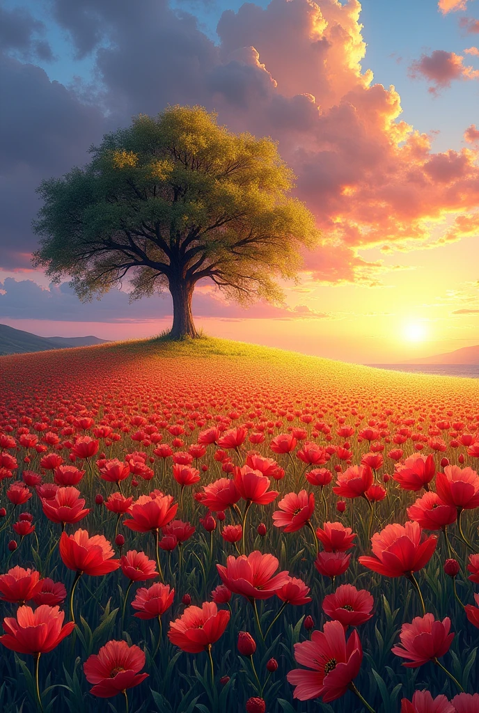 There are huge flowers, Flower Field Hill, Big Tree, Dramatic sunrise light, Impressionist Painting, Colorful Clouds, Digital Painting, Pointillism, Art Station, 8K