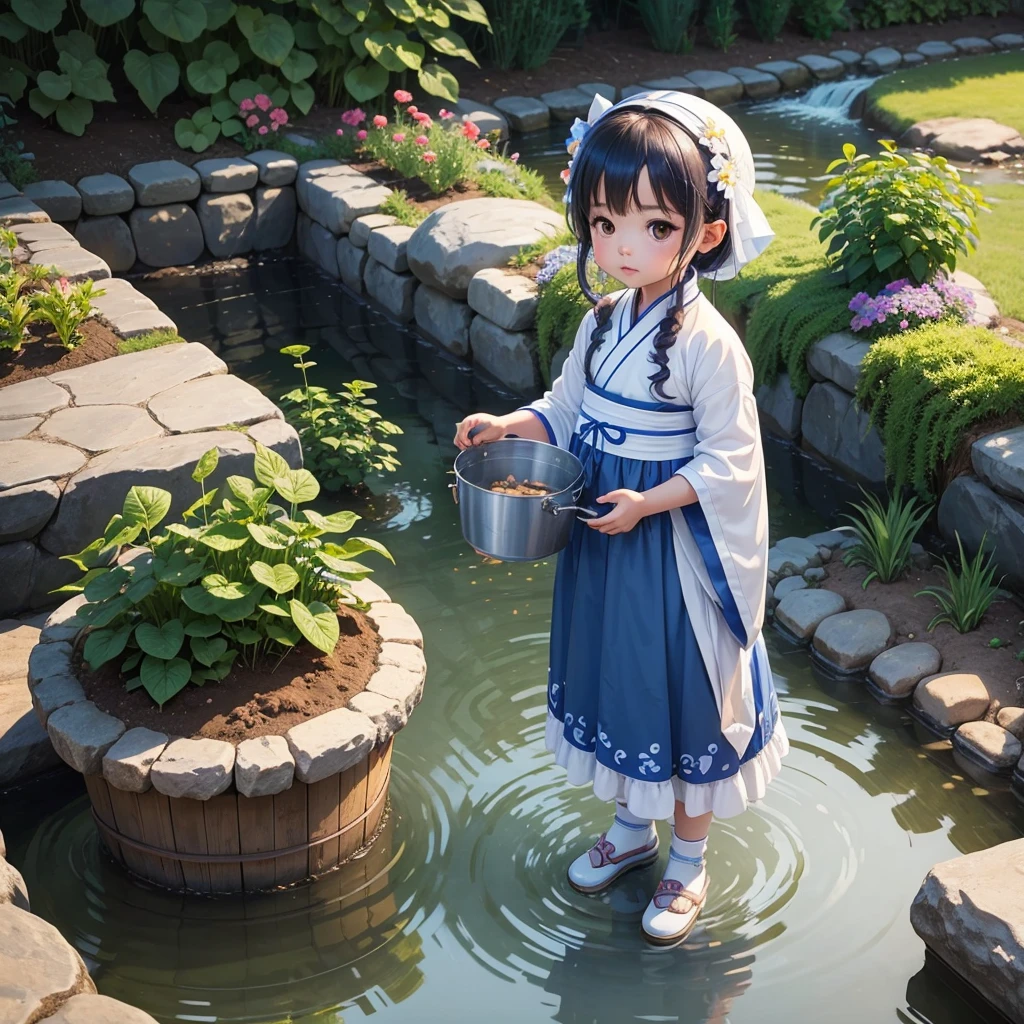 A cute baby chibi anime girl , blue and white hanfu, is planting vegetables in a garden, surrounded by various vegetables. Behind the scene are mountains, a river flows by. The sunlight hits her face. Sunset. A bucket of water is placed beside her.
