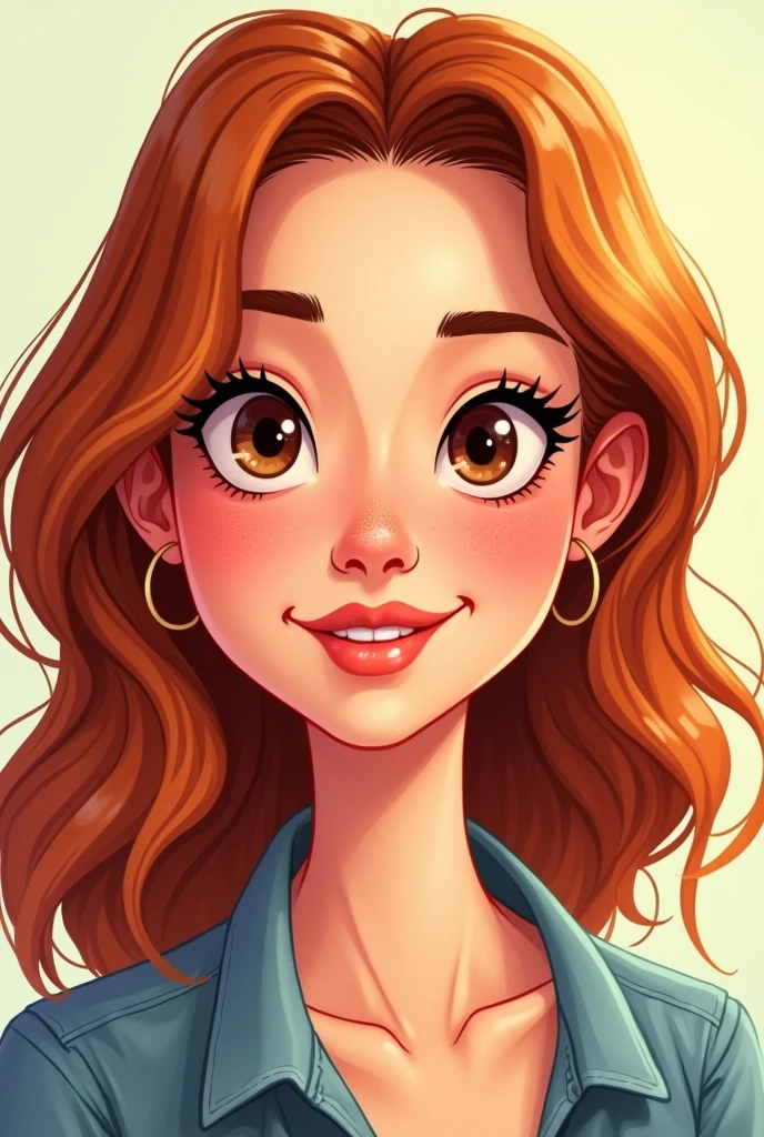 Cartoon of a 29-year-old Venezuelan girl, White skin color, brown eye color, shoulder length copper hair color, The hair is between straight and wavy, She has some freckles on her nose but very subtle, Her nose is small and her lips are slightly thin but with a slightly pronounced cupid's bow., is thin, but thin healthy, stomach 1,50 cm, small very small breasts