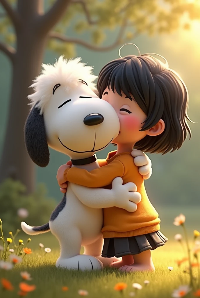 Snoopy hugging a  with very short dark hair , more cute and realistic 