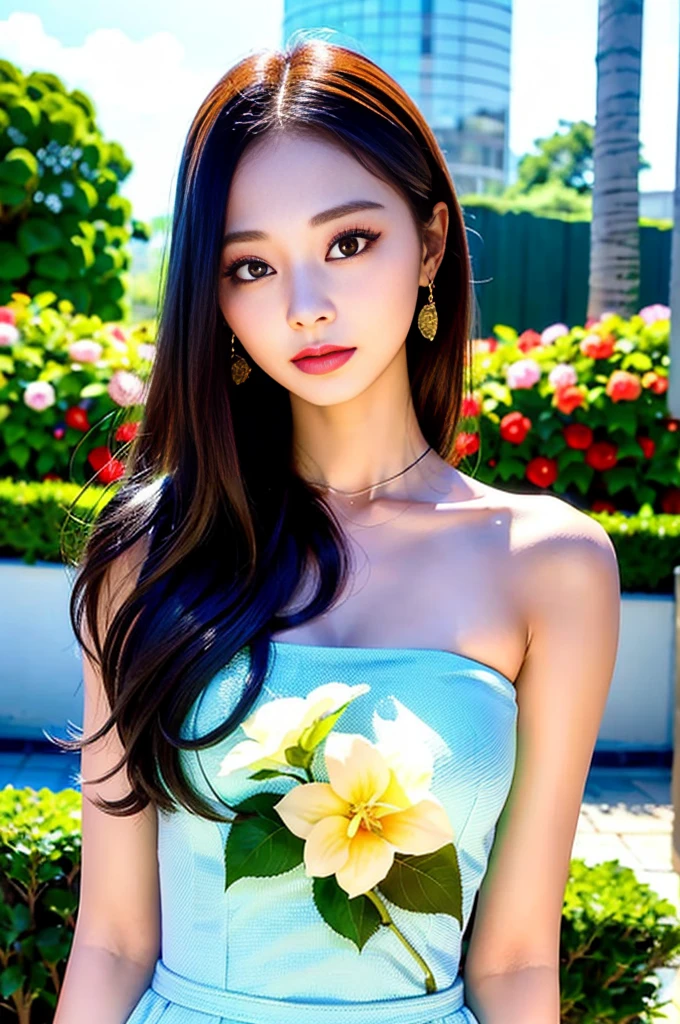 Tzuyu 1, woman, (Realistic), (Hyperrealism), (photoRealistic), Written boundary depth, eye make up:0.7 (whole body:1.8), (Large Bust),(Tight waist), Observe the audience,At the flower garden, Fashion Model, A sexy dress with open shoulders and neckline