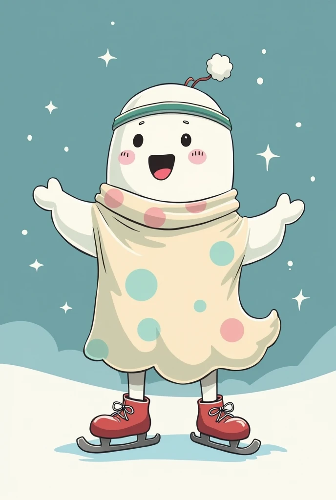 A funny cartoon of a little ghost with a blanket skating and wearing headbands