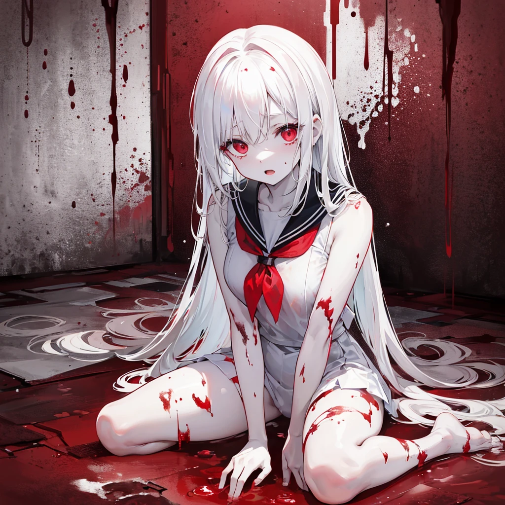 One Woman,((White skin, Sitting on the floor, sorrow,despair)) background((red,Muddy color))A calm face,Open mouth Light 黒い hair,ショートボブ red目,There are no highlights,A dull sailor suit,Black paint splash,red 