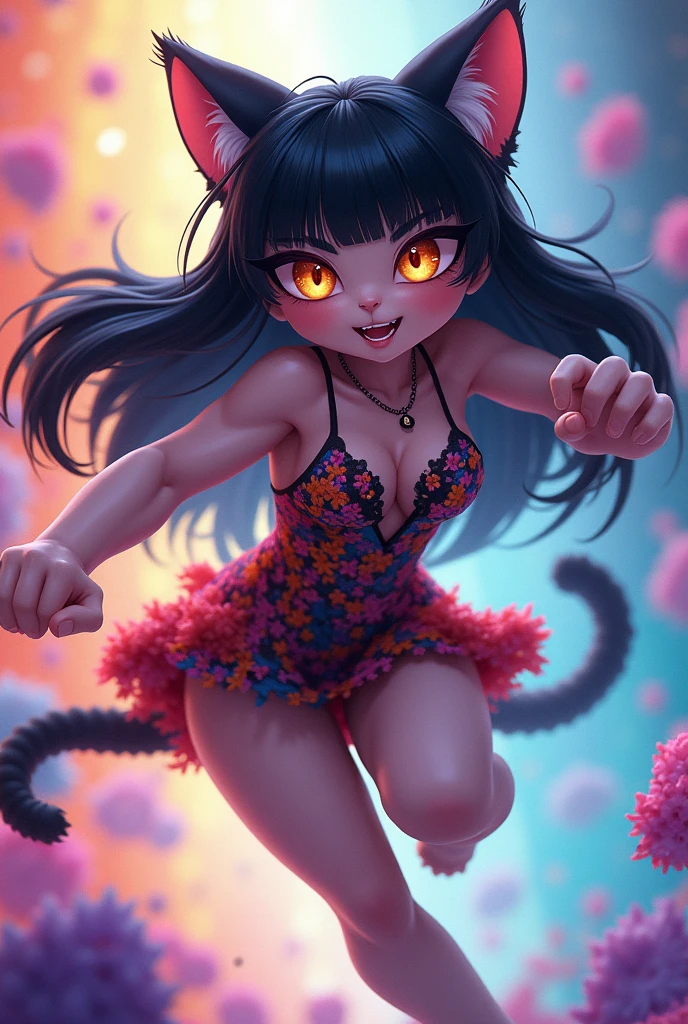 score_8_up, score_7_up, score_6, source_furry, source_anime, ((furry, anthro)), solo, solo focus, furred_cat, long fur, fluffy fur, fluffy long tail, blackbody, brawn eyes, black hair, very long hair, blunt bangs, revealing clothes, dress, colorful, abstract background, jumping
