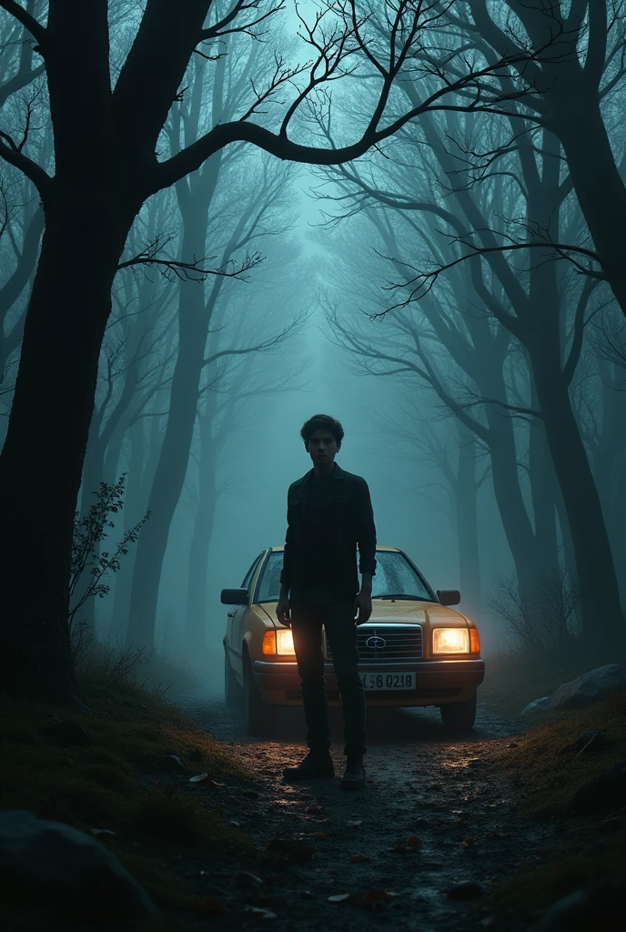 Nikhil standing beside his broken-down car, looking tense and uncertain, surrounded by the eerie quiet of the forest.