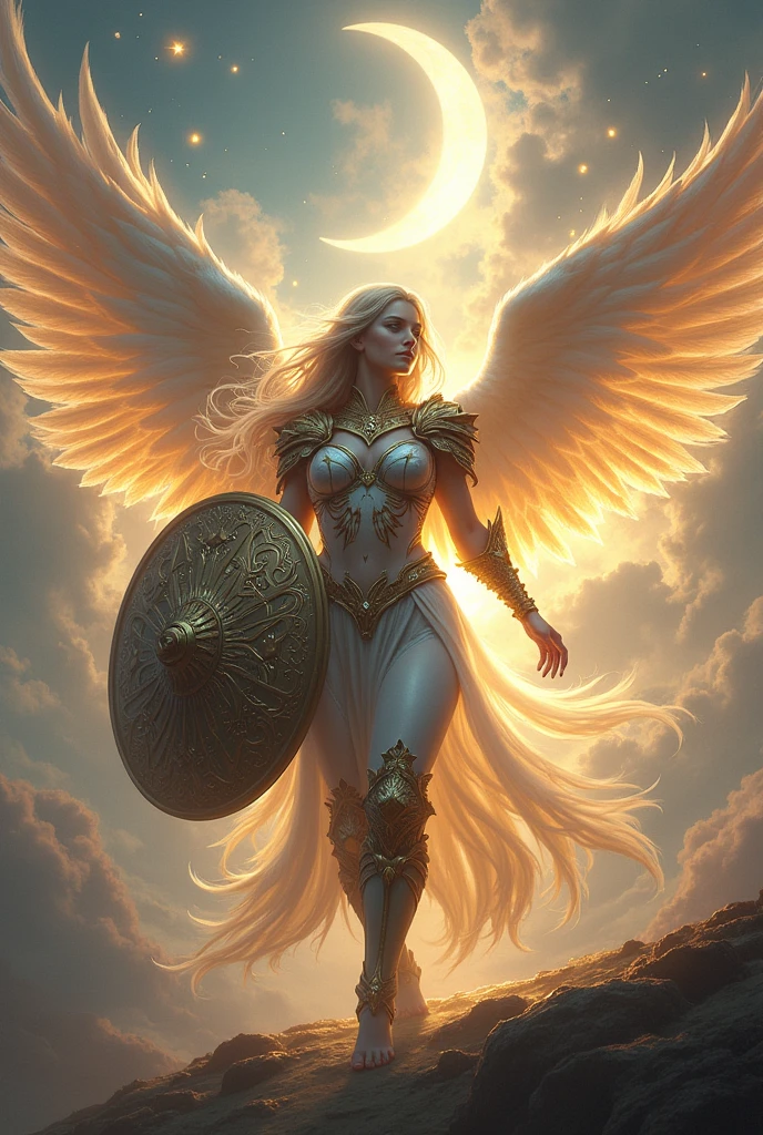 A female warrior, angelic, half moon shield