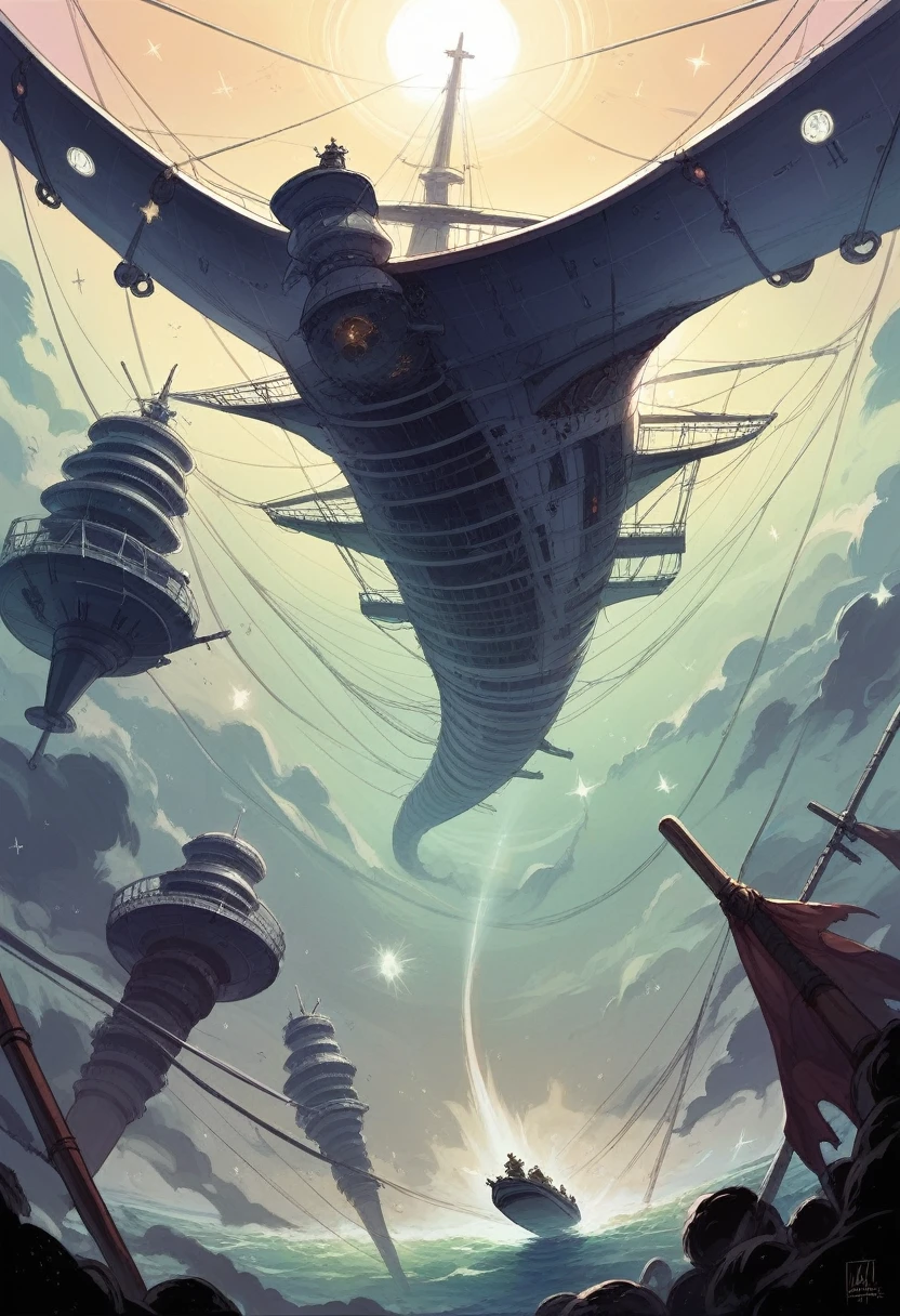 A titanic spaceship, flying through space, dark infinite darkness , In the middle of this a creature of cosmic horror, multi-legged sharp-toothed, Curved, clinging to the ship, ripped the outside of the ship, is outside the ship, in space many bodies, Soldiers and scientists floating in the dark, deep emptiness of space