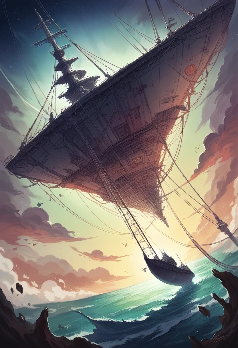 A titanic spaceship, flying through space, dark infinite darkness , In the middle of this a creature of cosmic horror, multi-legged sharp-toothed, Curved, clinging to the ship, ripped the outside of the ship, is outside the ship, in space many bodies, Soldiers and scientists floating in the dark, deep emptiness of space