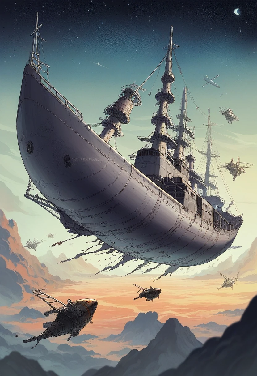 A anic spaceship, flying through space, dark infinite darkness , In the middle of this a creature of cosmic horror, multi-legged sharp-toothed, Curved, clinging to the ship, ripped the outside of the ship, is outside the ship, in space many bodies, Soldiers and scientists floating in the dark, deep emptiness of space