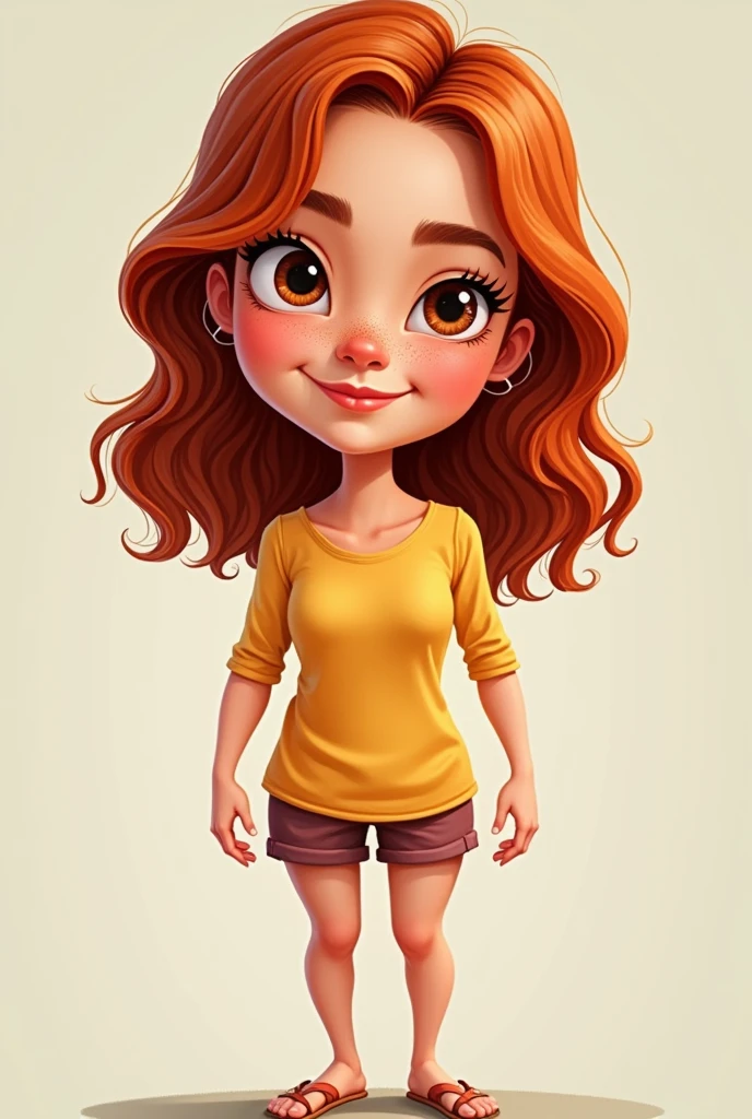 Cartoon of a 29-year-old Venezuelan girl, White skin color, brown eye color, shoulder length copper hair color, The hair is between straight and wavy, She has some freckles on her nose but very subtle, Her nose is small and her lips are slightly thin but with a slightly pronounced cupid's bow., is thin, but thin healthy, stomach 1,50 cm, small very small breasts