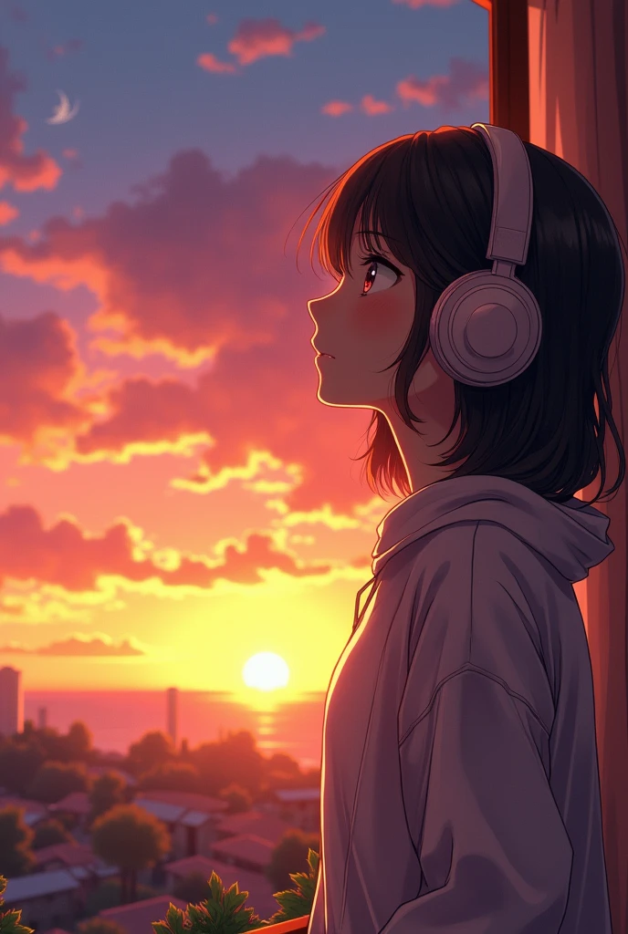 A young woman wearing headphones, I was mesmerized by the beautiful sunset in front of me.. She radiates peace and contentment, As she basked in the beauty of nature,Her eyes reflect the warm colors of the sky. The scene is presented in a beautifully detailed anime-style painting, Capturing the girl's serene expression and the vibrant colors of the sunset. Warm lighting and cozy environment,Make her home warm and comfortable, Enhances the overall sense of tranquility and comfort emanating from the image.
