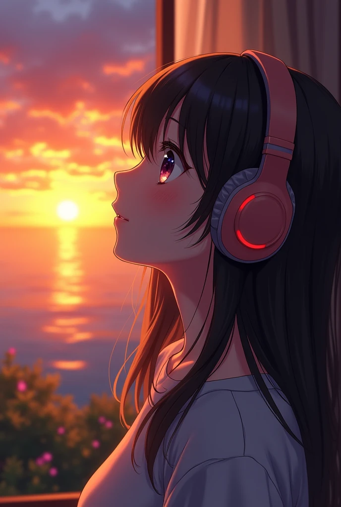 A young woman wearing headphones, I was mesmerized by the beautiful sunset in front of me.. She radiates peace and contentment, As she basked in the beauty of nature,Her eyes reflect the warm colors of the sky. The scene is presented in a beautifully detailed anime-style painting, Capturing the girl's serene expression and the vibrant colors of the sunset. Warm lighting and cozy environment,Make her home warm and comfortable, Enhances the overall sense of tranquility and comfort emanating from the image.