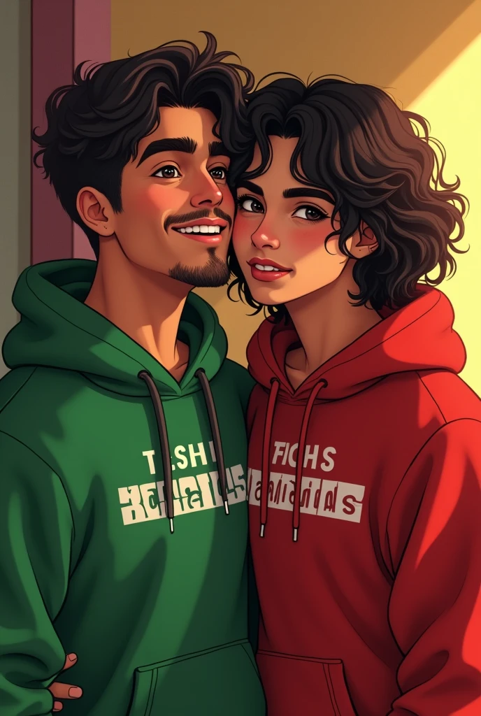 Teen gay couple, where one is a Latino teenage boy, straight medium hair, light eyes, well-defined jaw, soft goatee, athlete's body and brilliant smile. While the other is a Brazilian teenage boy, long defined curly-curly hair, dark brown eyes, diastema on teeths, dancer's body, goatee and dazzling smile. One using a green moletom, other with a red one write "Fogo nos Racistas"