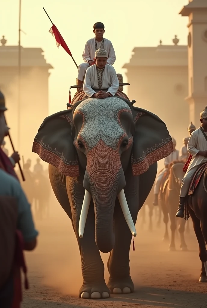 Two young male children of Tipu Sultan wearing the 18th century costumes sitting on back of a gigantic elephant in a decorated silver Hooda. A old mahooth sitting on the head of the elephant is controlling and coming out of the gates of Srirangapatna. Tipu Sultan's cavalry and camel mounted soldiers are following them as part of the procession. The whole seen is in UHD resolution from the ground level shot in Very high resolution