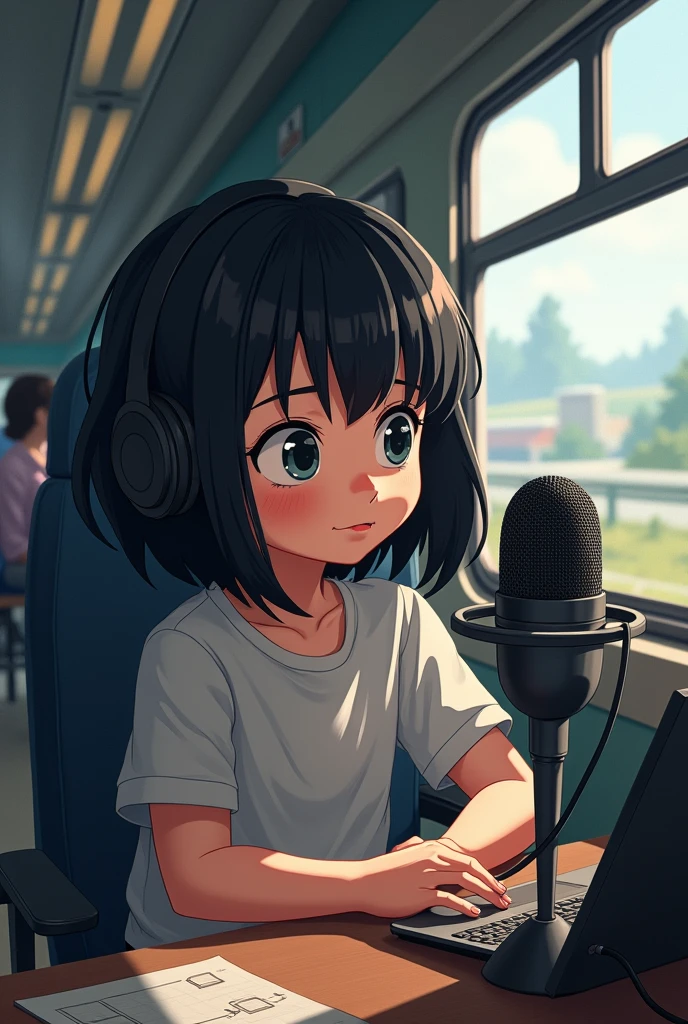 Black hair ??? doing a podcast in a train