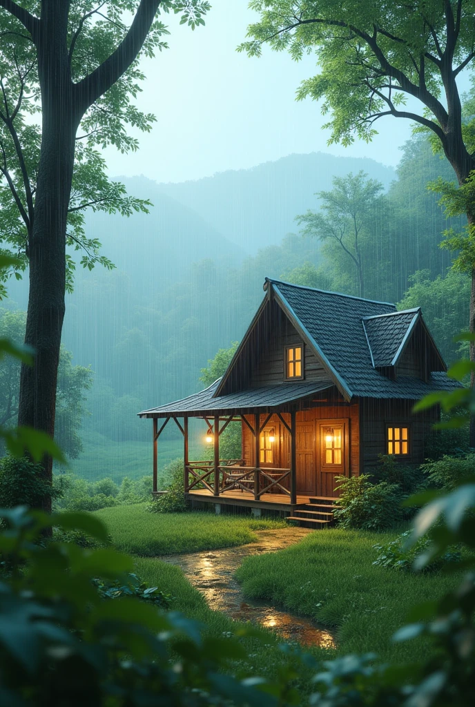 Beautiful scenery of homestay with rainfall