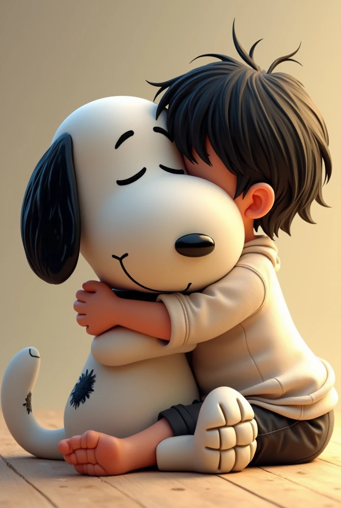 Snoopy hugging a  with very short dark hair , cutest and most realistic blue-eyed original Snoopy 