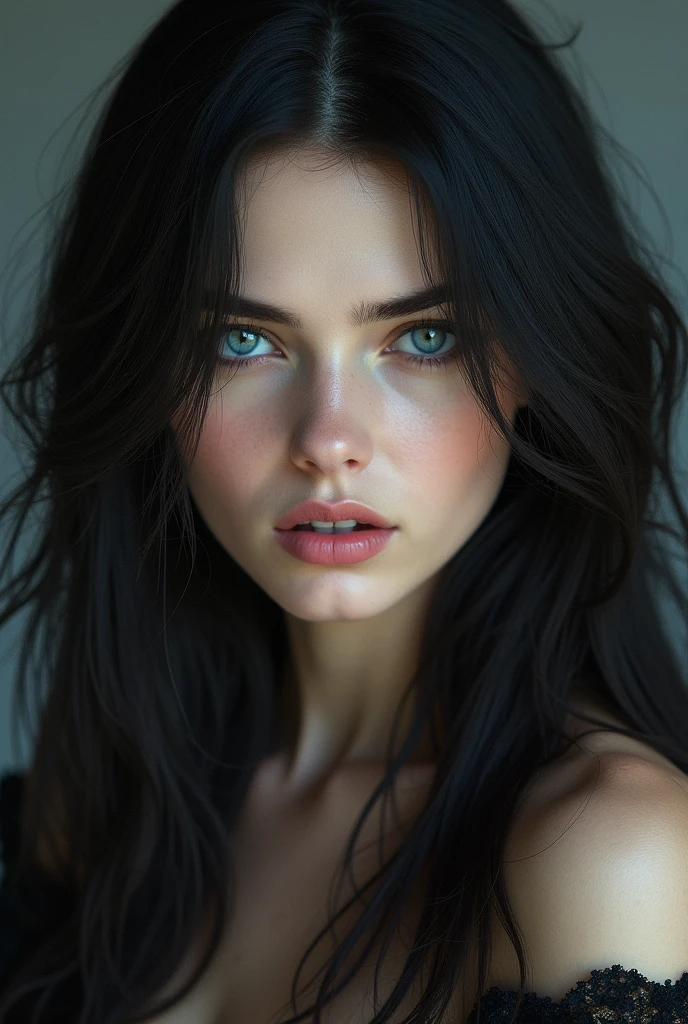 Face of a woman dark hair blue eyes
