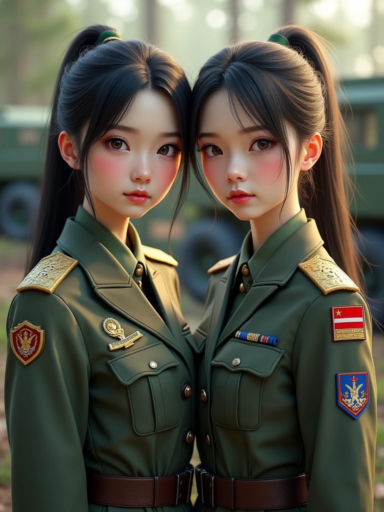 To create an image of two Asian female soldiers with beautiful faces and fair skin, in Russian military uniforms, here is a detailed description:
**Two Asian Female Soldiers:**
- **Face:** Both have delicate faces, gentle beauty but also show toughness and determination. One can have long hair loose or neatly tied up, the other can have short hair or a ponytail.
- **Clothes:** Both are wearing modern Russian military uniforms, including moss green or gray military jackets, along with typical Russian military hats. The uniforms have details such as badges, ranks, and shoulder straps.
- **Setting:** They can be standing next to each other in a military area, such as a base or forest, or another military-appropriate setting.
- **Lighting:** Strong, detailed lighting, highlighting their uniforms and facial features.