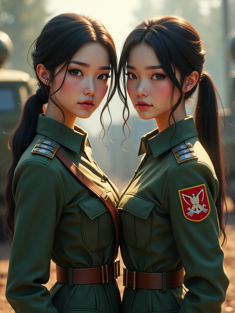 To create an image of two Asian female soldiers with beautiful faces and fair skin, in Russian military uniforms, here is a detailed description:

**Two Asian Female Soldiers:**
- **Face:** Both have delicate faces, gentle beauty but also show toughness and determination. One can have long hair loose or neatly tied up, the other can have short hair or a ponytail.
- **Clothes:** Both are wearing modern Russian military uniforms, including moss green or gray military jackets, along with typical Russian military hats. The uniforms have details such as badges, ranks, and shoulder straps.
- **Setting:** They can be standing next to each other in a military area, such as a base or forest, or another military-appropriate setting.
- **Lighting:** Strong, detailed lighting, highlighting their uniforms and facial features.