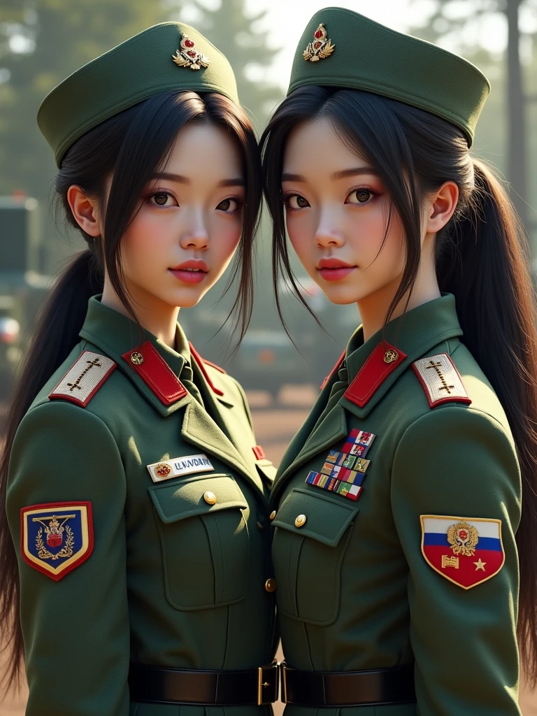 To create an image of two Asian female soldiers with beautiful faces and fair skin, in Russian military uniforms, here is a detailed description:

**Two Asian Female Soldiers:**
- **Face:** Both have delicate faces, gentle beauty but also show toughness and determination. One can have long hair loose or neatly tied up, the other can have short hair or a ponytail.
- **Clothes:** Both are wearing modern Russian military uniforms, including moss green or gray military jackets, along with typical Russian military hats. The uniforms have details such as badges, ranks, and shoulder straps.
- **Setting:** They can be standing next to each other in a military area, such as a base or forest, or another military-appropriate setting.
- **Lighting:** Strong, detailed lighting, highlighting their uniforms and facial features.