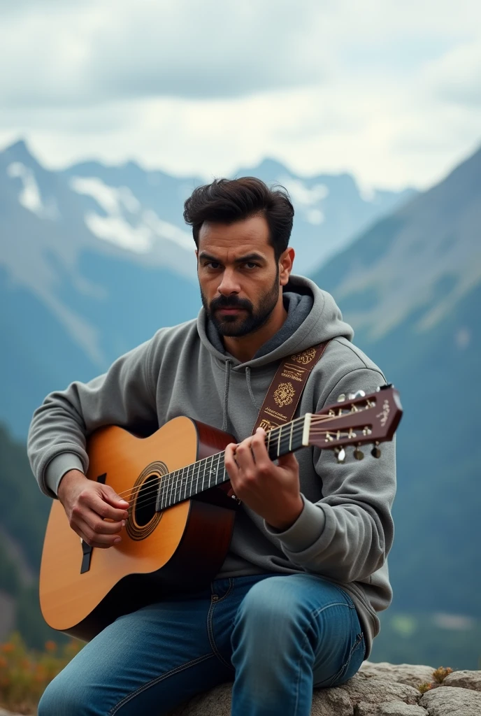 best quality, 35 year old Indian man, clean handsome face, no hair. neat hair, brown skin, wearing a hoodie, jeans and playing folk guitar. is at the top of the mountains.