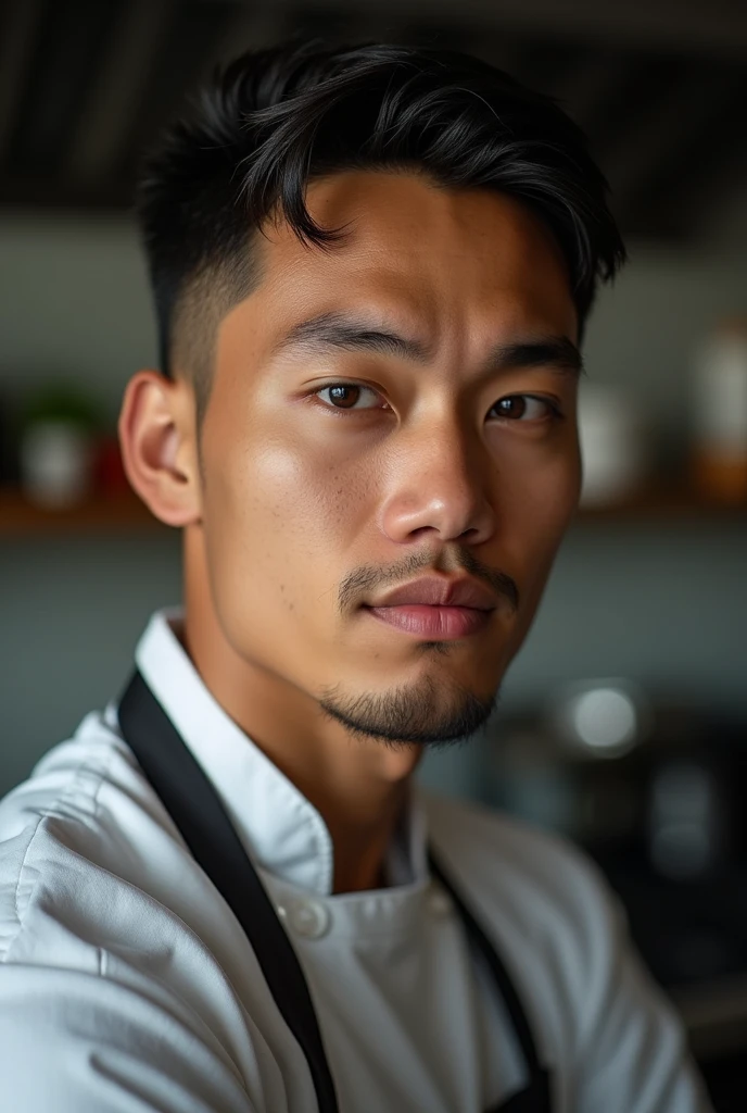 Professional close-up photography of a young, slim man, chef, with the eyebrow scratched, colors, kitchen sharp shadows, mohicano, Philippines,masculine, half plane
