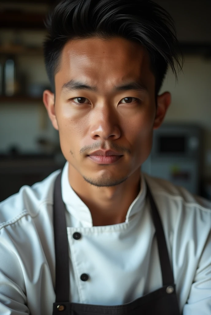 Professional close-up photography of a young, slim man, chef, with the eyebrow scratched, colors, kitchen sharp shadows, mohicano, Philippines,masculine, half plane