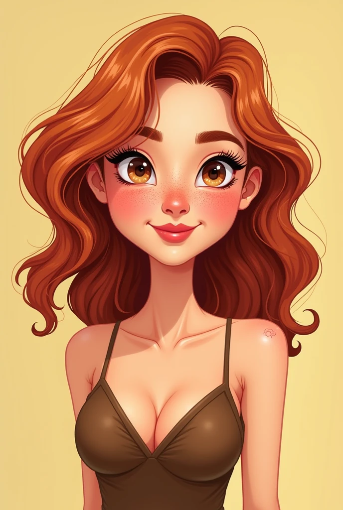 Cartoon of a 29-year-old Venezuelan girl, White skin color, brown eye color, shoulder length copper hair color, The hair is between straight and wavy, She has some freckles on her nose but very subtle, Her nose is small and her lips are slightly thin but with a slightly pronounced cupid's bow., is thin, but thin healthy, stomach 1,50 cm, small very small breasts