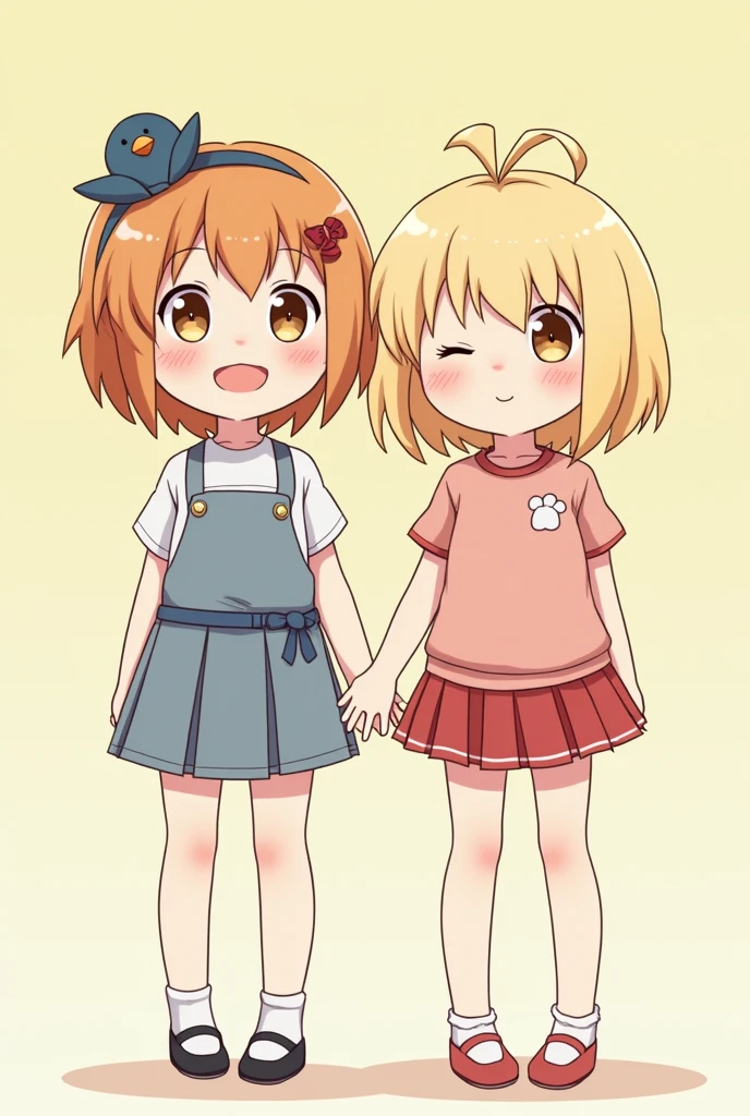 Cute girls, simple and kawaii outfits, full of youth, mascot little bird, anime style,, full color, highest quality images.