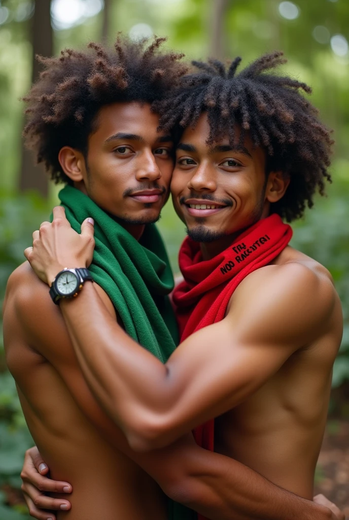Teen gay couple, where one is a Latino teenage boy, straight medium hair, light eyes, well-defined jaw, soft goatee, athlete's body and brilliant smile. While the other is a Brazilian teenage boy, long defined curly-curly hair, dark brown eyes, diastema on teeths, dancer's body, goatee and dazzling smile. One using a green moletom, other with a red one write "Fogo nos Racistas!"
